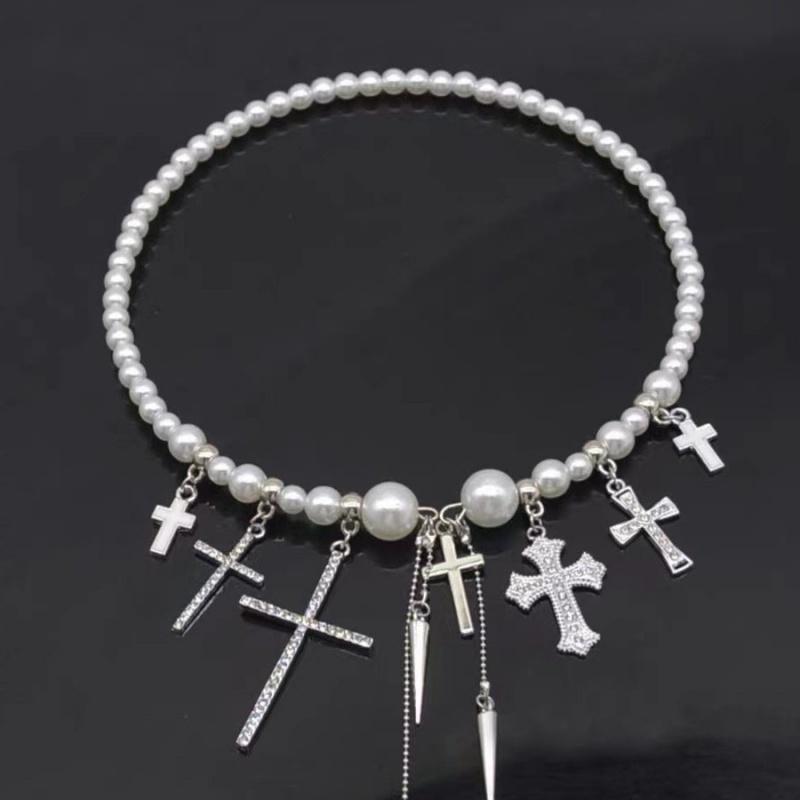 

1 Piece Elegant Cross Tassel Rivet Custom Punk Style Zirconia Imitation Pearl Alloy Silver Color Necklace for Women