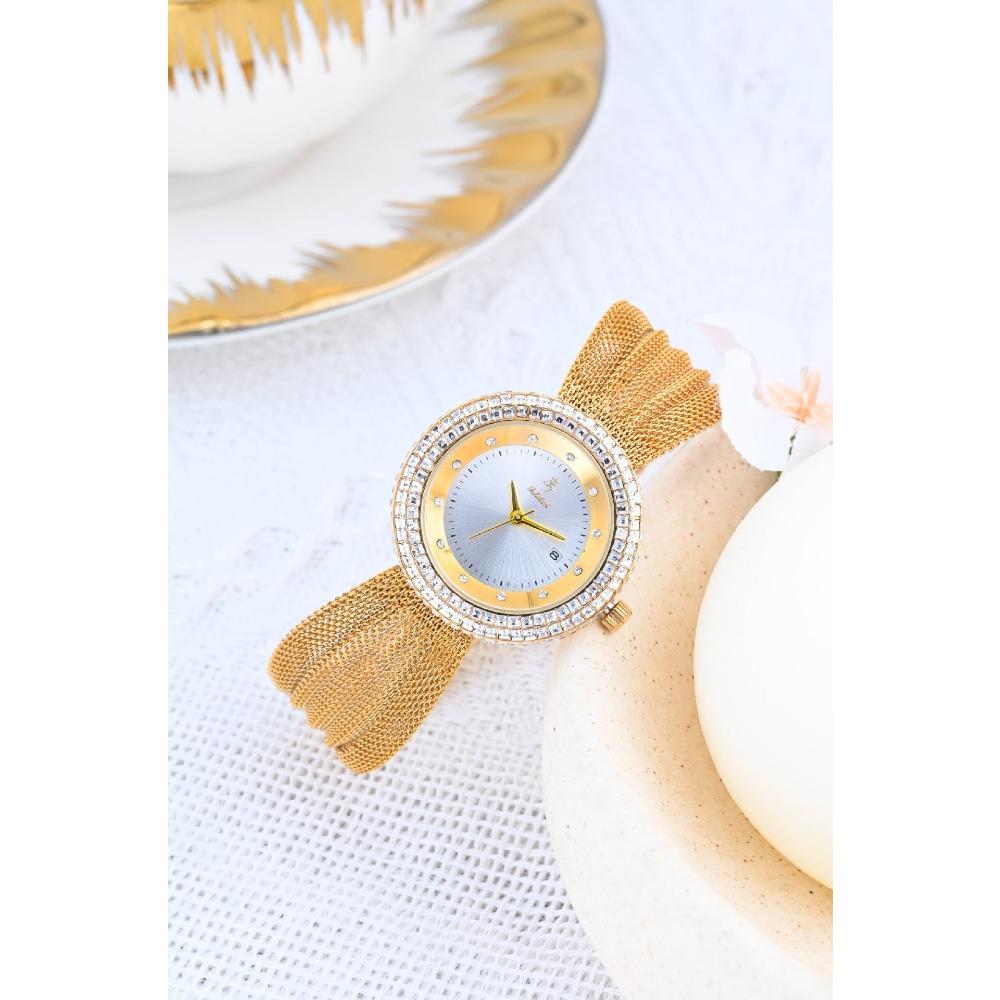 Elegant Women Waterproof Quartz Watch Rhinestone Decor Bezel Date Dial Wide Mesh Metal Band
