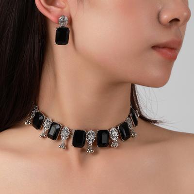 Yeni Geometrik Kare Taşlar Moda Takı Küpe Kolye Iki parçalı Set Köprücük Kemiği Zincir Takı