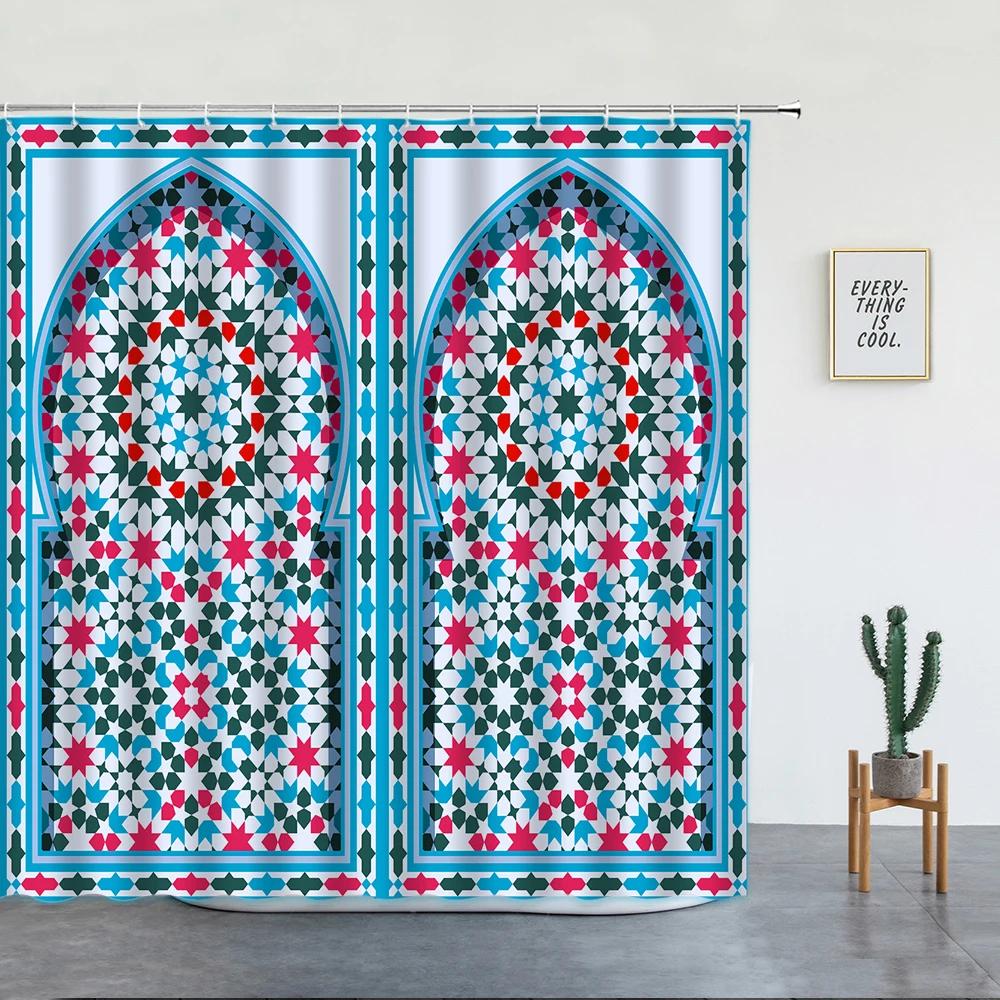 Tenda da Doccia Marocchina 3D Cancello Invecchiato Motivo Geometrico Design Porta d'Ingresso Ingresso Stile Orientale Architettonico Tende da Bagno