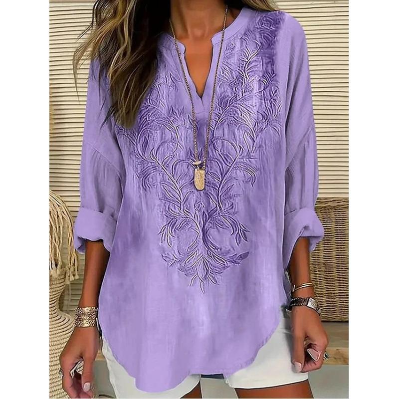 Women's Henley V Neck Long Sleeve Loose Solid Linen Blend Tunic Top Plus Size Casual Blouse