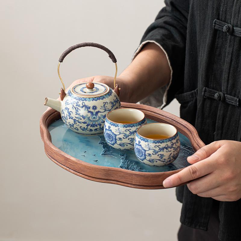 Ru Kiln Lotus Tea Set: One Pot, Six Cups with Tray - Kung Fu Style