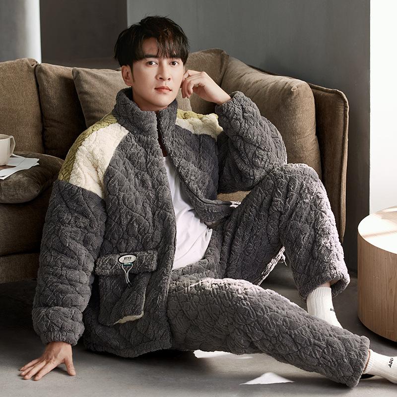 

Пижама мужская зимняя трехслойная утолщенная флисовая с подкладкой коралловый флис фланель с капюшоном на молнии домашняя одежда осень и зима L