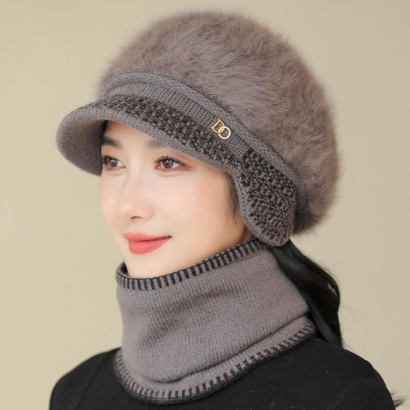 Rabbit Fur Knitted Woolen Hat for Women In Autumn and Winter  Versatile Winter Warm Hat for Mothers  Middle Aged and Elderly Ear Protective Caps