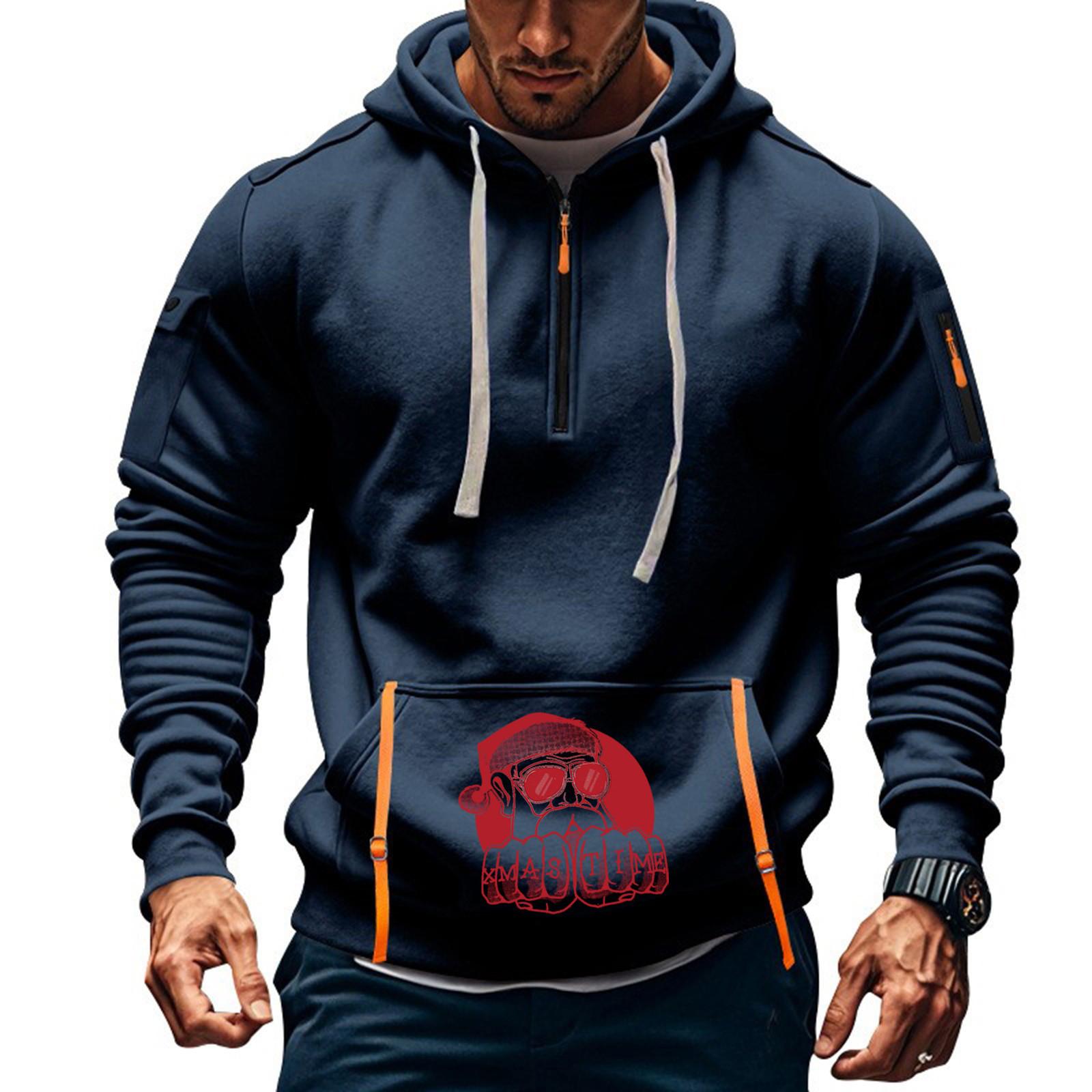 

Мужская толстовка с капюшоном с принтом, кардиган на молнии с карманом на рукаве, мужская спортивная повседневная толстовка большого размера L тёмно-синий