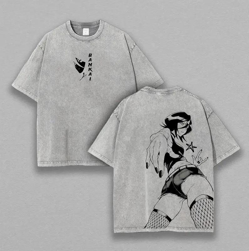 Japan Anime Bleach Kuchiki Rukia Graphic T Shirt Harajuku Washed T-shirt Men Women Clothing Oversized Polyester Short Sleeve Tee