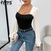 Women's Fashion Casual Colour Block Print Spring Autumn Long Sleeve Square Collar Bodysuits