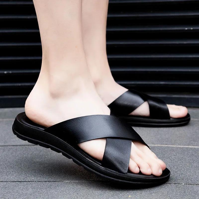 Fashion Men Shoes New  Summer Shoes Italian Leather Slippers Men High Quality Size 38-47 Beach Slip on Flats Man Flip Flops Mens Sandals