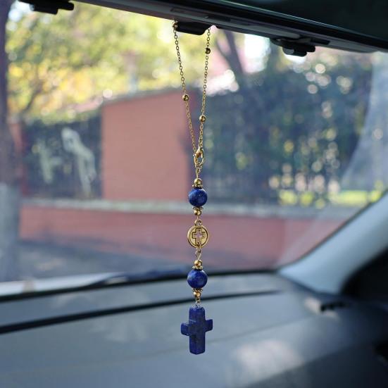 Car Rearview Mirror Pendant Adjustable Religious Beaded Pendant Stone Bead Bag Charm Christian Gift for Family