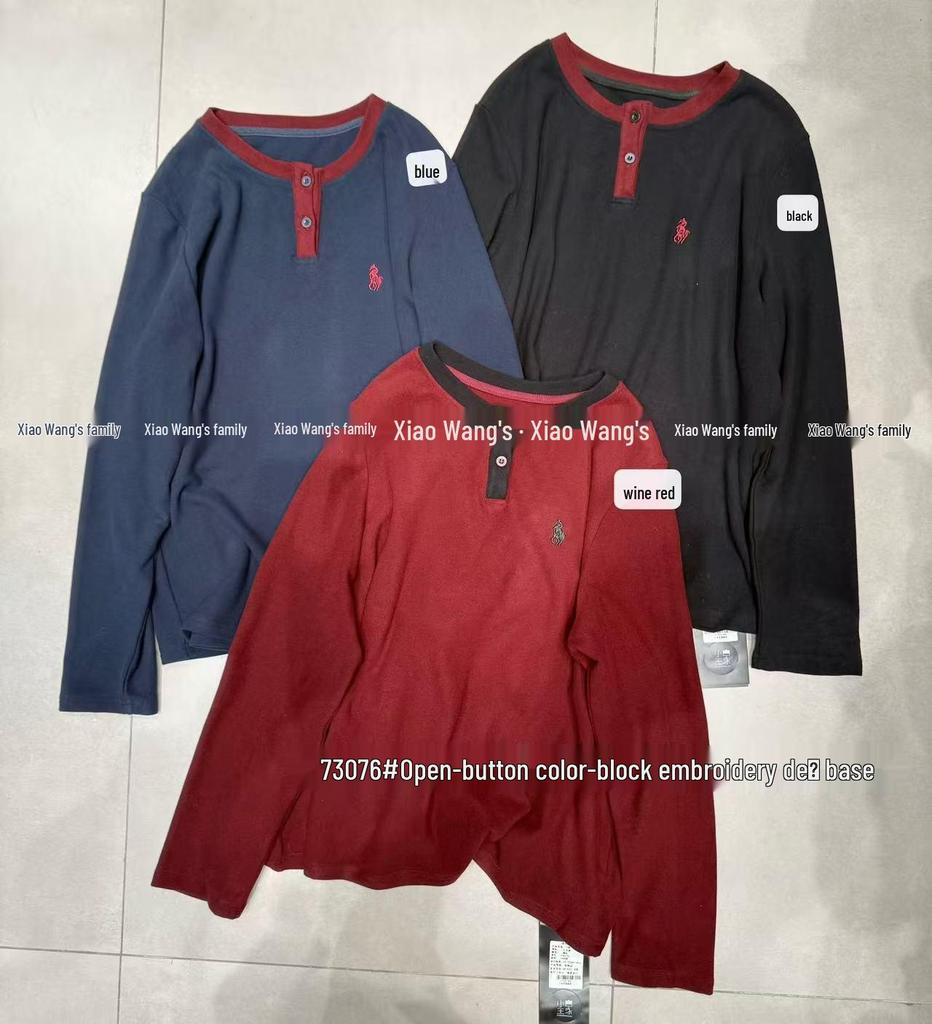 Xiao Wang's Korean Style Plus Size Embroidered Color Block T-Shirt, Brushed, Thickened Winter Layer
