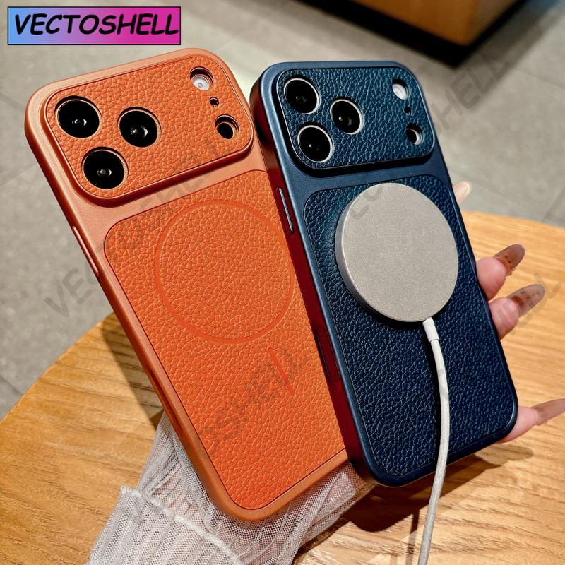 Luxury Magnetic Lychee Grain Leather Phone Case For iPhone 13 14 15 16 17 Pro Max Air Magnetic Bumper Back Cases Cover