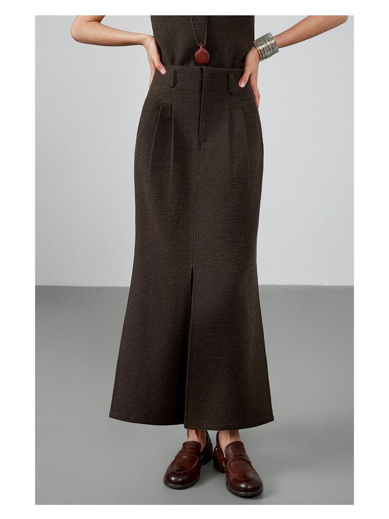 Women's 2025 Autumn/Winter Slimming High-Waisted Vanilla Coffee Slit Long Skirt