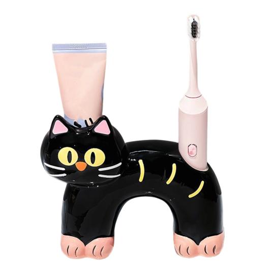 Toothbrush Holder, Cat Shape with Drain Port, Mold-Resistant Double-Hole Ceramic Organizer for Bathroom чёрный