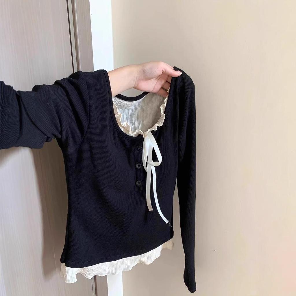 Women's Stylish White Slim Fit Long Sleeve Faux Two-Piece Top for Early Autumn