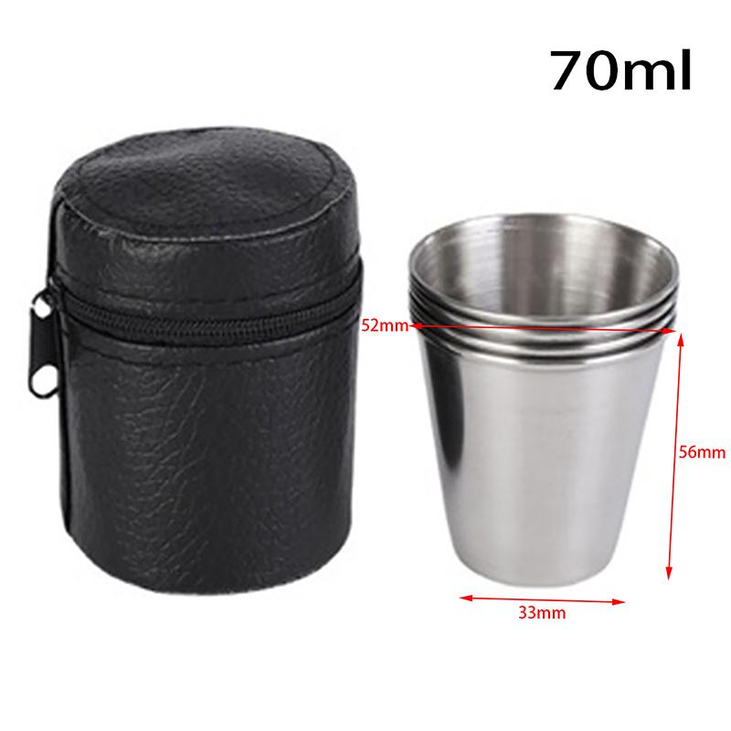 4Pcs Stainless Steel Water Glass With Black Leather Carrying Case Outdoor Camping Practical Travel Whiskey Wine Glass