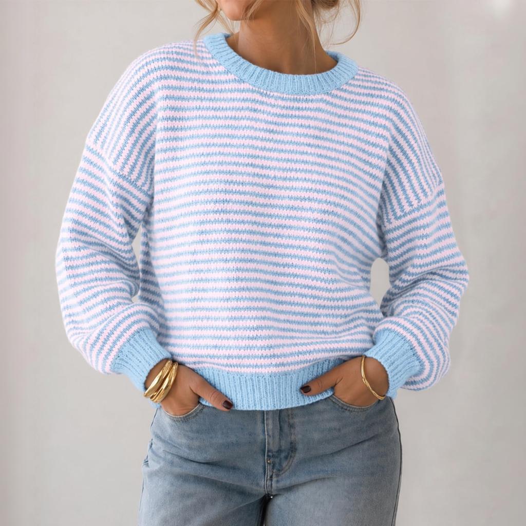Women's Striped Color Block Knit Pullover Sweater, Round Neck Loose Fit Casual Top for Fall and Winter