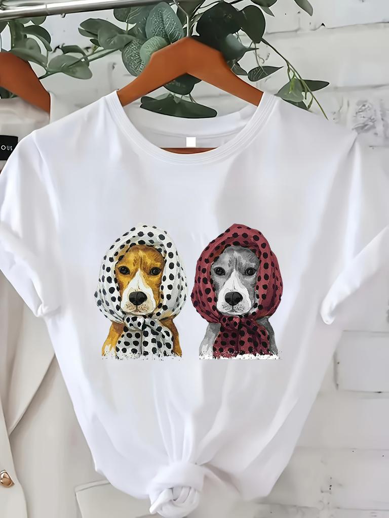Kawaii Fashion Dog Print Tshirt Cute ShortSleeve White Casual Crew Neck Top Trendy Chic Pup Tee Fashionable Versatile Top