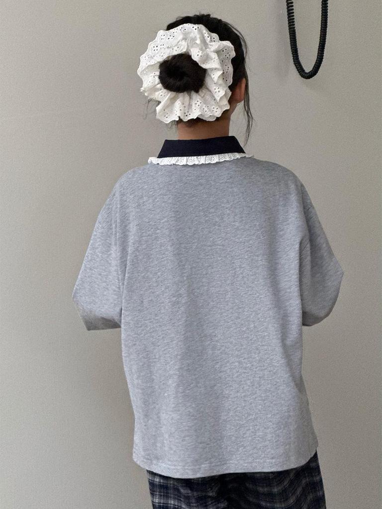 Girls' Heather Grey Long Sleeve Polo Shirt with Lace Collar - Autumn 2025 Collection