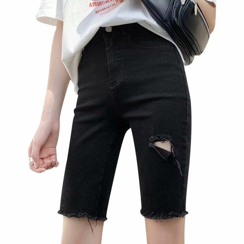 Black straight-leg shorts women's summer high-waisted Hong Kong-style denim pants wear tight ripped cycling pants five-point pants