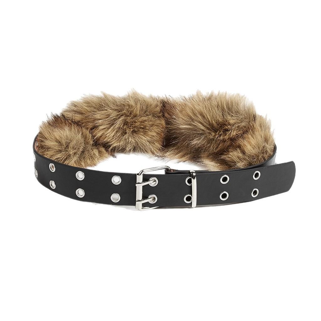 Solid Fashion Color Faux Fur Decoration Women Belt With Double Buckle Breasted
