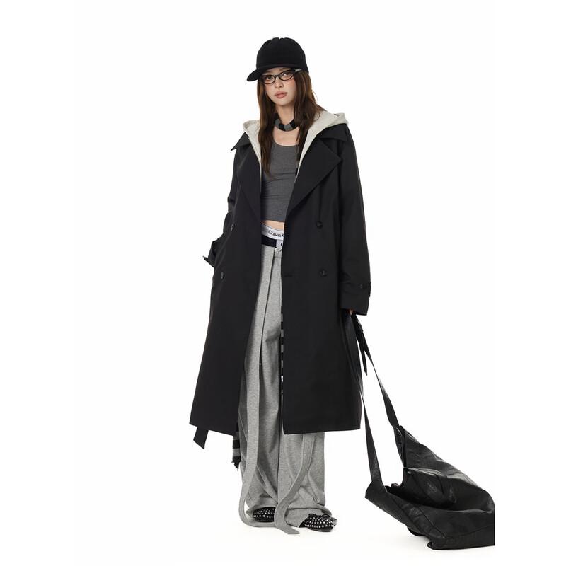 GOLFCROSS Unisex Faux Two-Piece Hooded Long Trench Coat