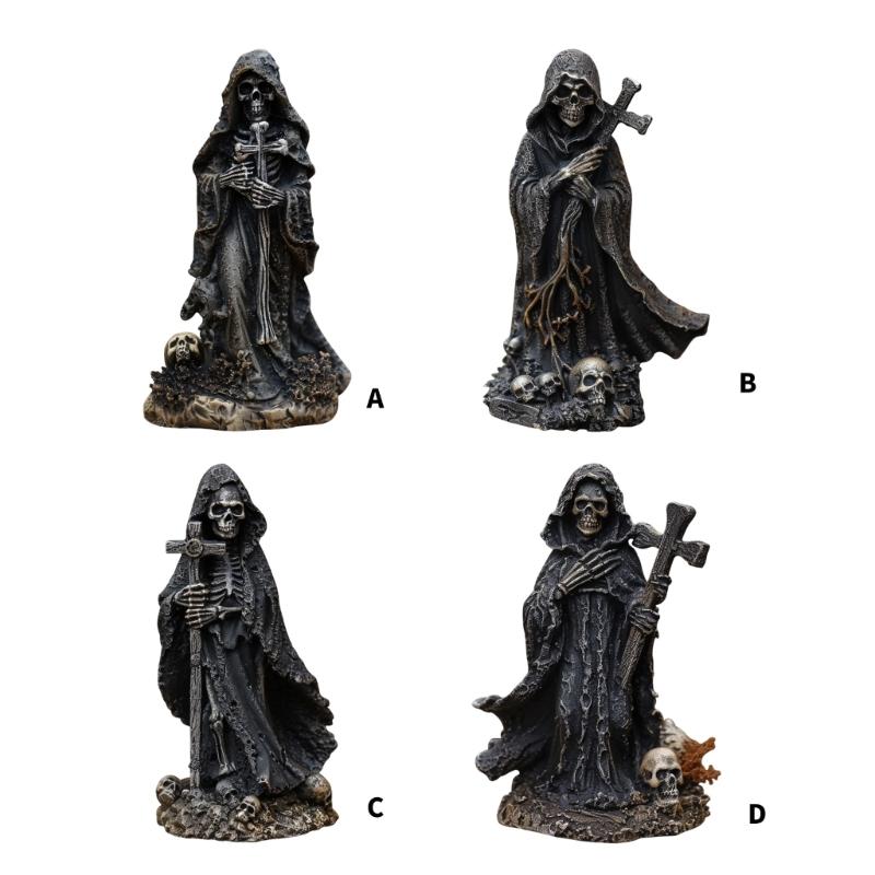 Dunkle Kapuzen-Totenkopf-Figur zur Regaldekoration, 15 cm hoch, saisonaler Raumakzent für Eingangsbereich, Wohnzimmer und Party-Dekoration