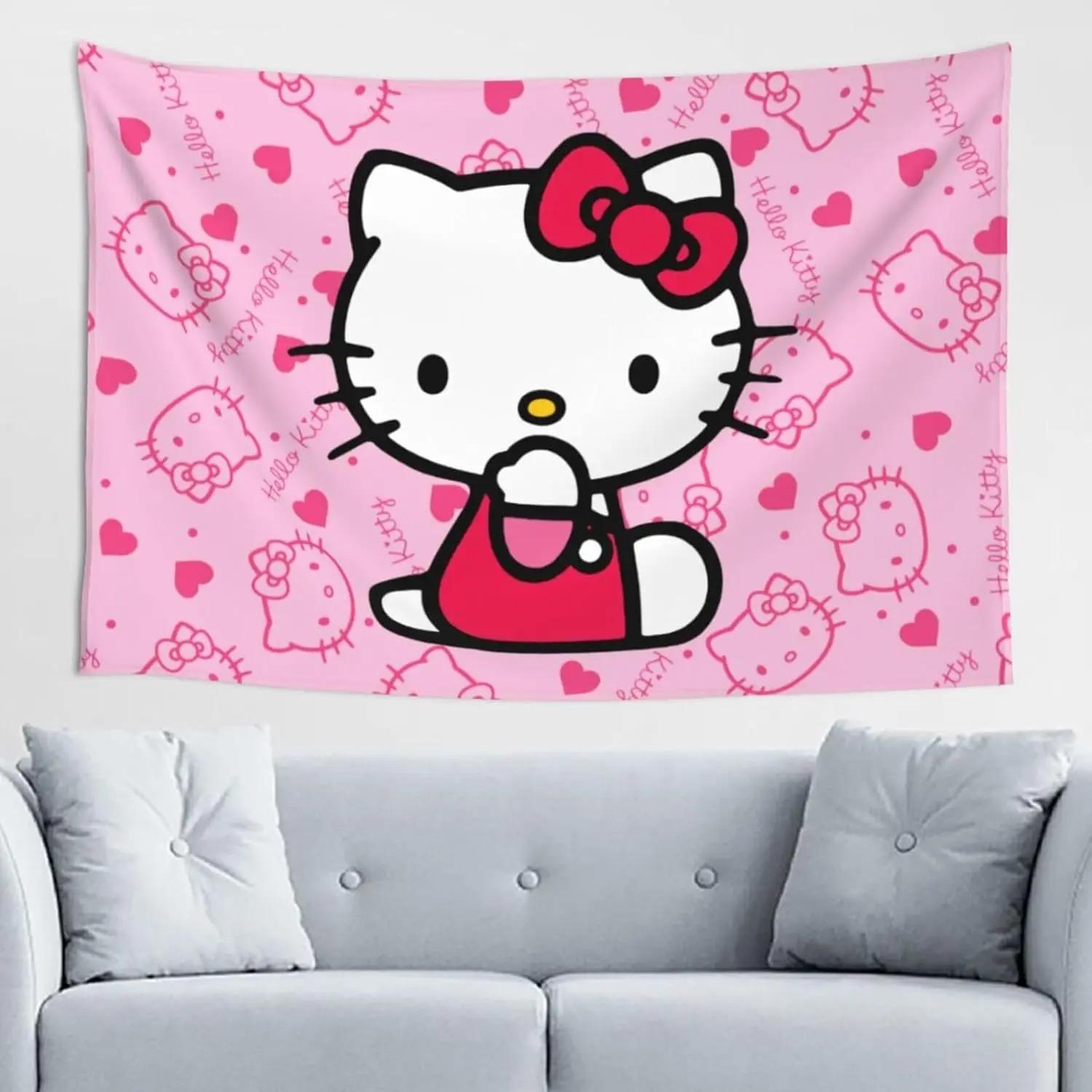 Hello Kitty Cat Kawaii Tapestry Aesthetic Cute Room Anime Tapestry Birthday Decor Wall Hanging Gift Kid Girl Bedroom Living Room 74x94cm(29x37in)