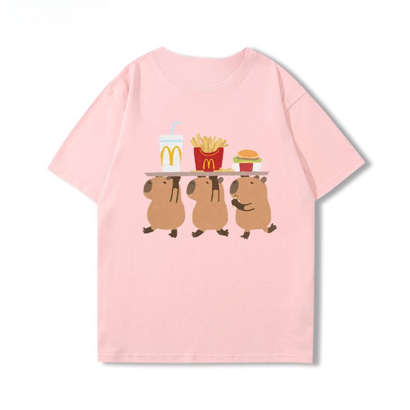 2025 Cute Capybara Capibara Coffee Chips Cartoon Peripheral Short Sleeve Men's and Women's Summer Cotton T-shirt Trend Tops Tee