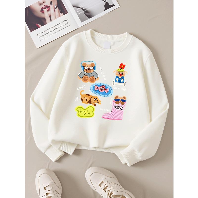European sizes Girls Soft Crewneck Sweatshirt Cute Animal Characters with Fun Accessories, Casual All-Match, Ideal Holiday Present