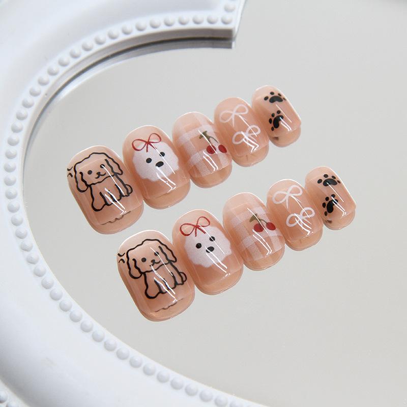 Wearing Nail Pieces Puppy Removable Short Square Nail Pieces Bow Nail Patch Cute Fake Nail Pieces 24 Pieces