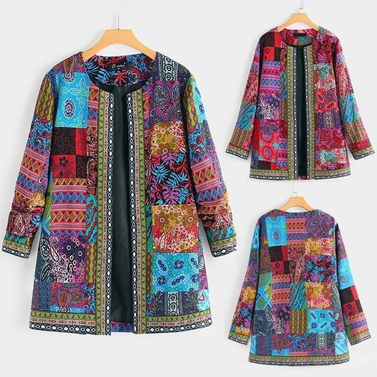 Vintage Floral Print Plus Size Cotton Jacket Women Long Sleeve Ethnic Coat