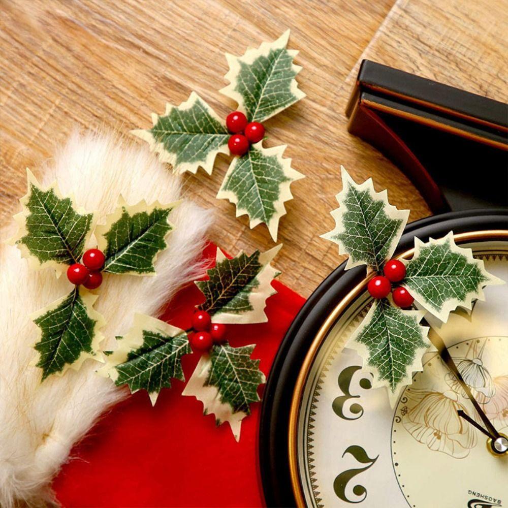 20pcs DIY Christmas Holly Leaves Plastic Fake Flowers Red Berries Flower with Green Leaves Artificial Wreath Ornaments