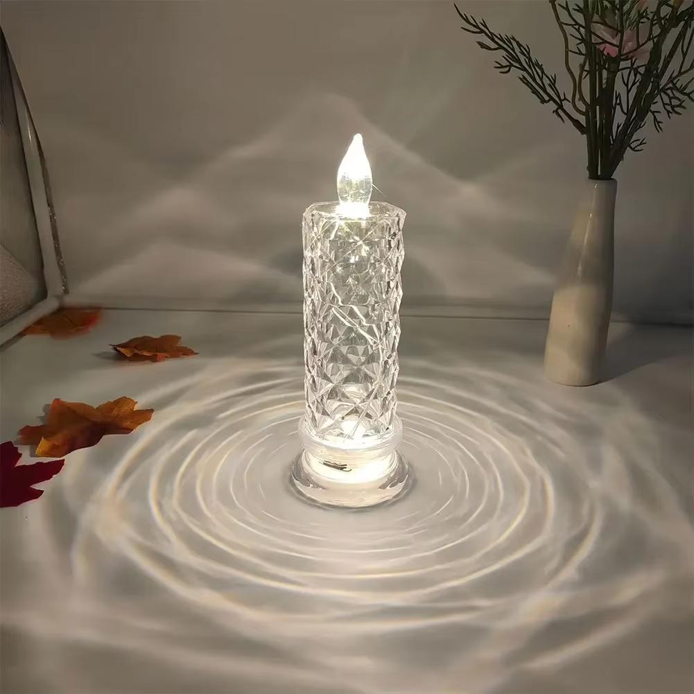 LED Crystal Candle Light Table Lamp Rose Projection Romantic Atmosphere Night Light for Bedroom Party Christmas Wedding Decorate