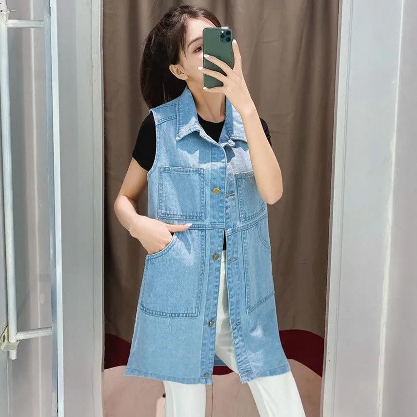Women's Spring and Autumn Solid Color Plus Size Denim Vest Temperament Sleeveless Lapel Multi-Pocket Jacket