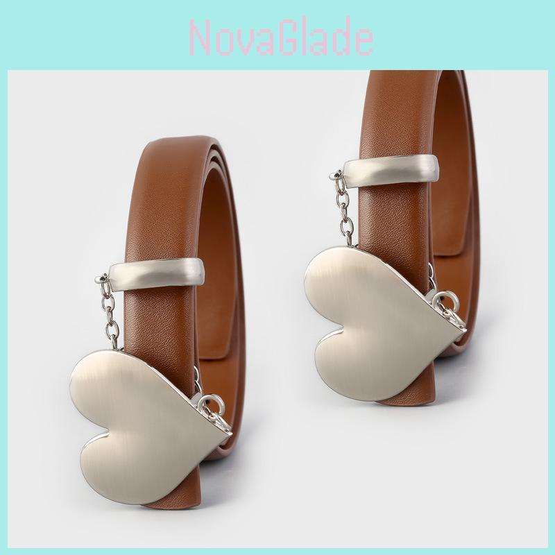 Womens Fashion Leather Belt With Heart Buckle And Chain Decor For Casual And Date Wear