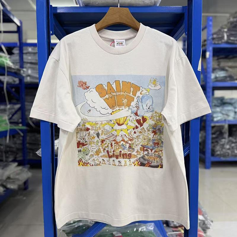 26ss High Street Monster Graffiti Cartoon Angel Print Saint Tshirt Unisex Unisex Unisex 100 Cotton Ceunisext White T Shirt Tee Tag