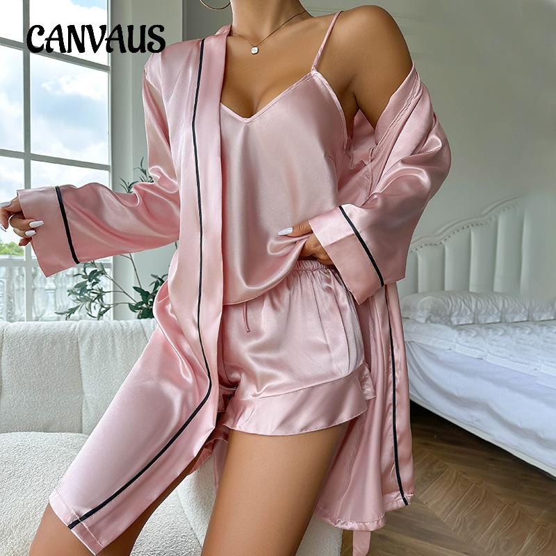 Ice Silk Pajamas Women's Suspenders Shorts Robe Three-piece Summer Comfortable Homewear