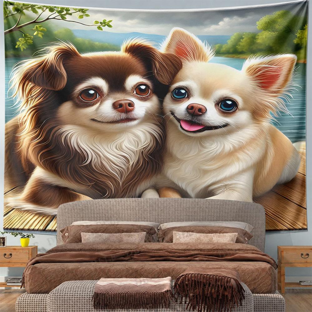 Cute Chihuahua Pair by the Lake Pattern Wall Hanging Tapestry Decorative Tapestry Home Decor for Bedroom and Living Room