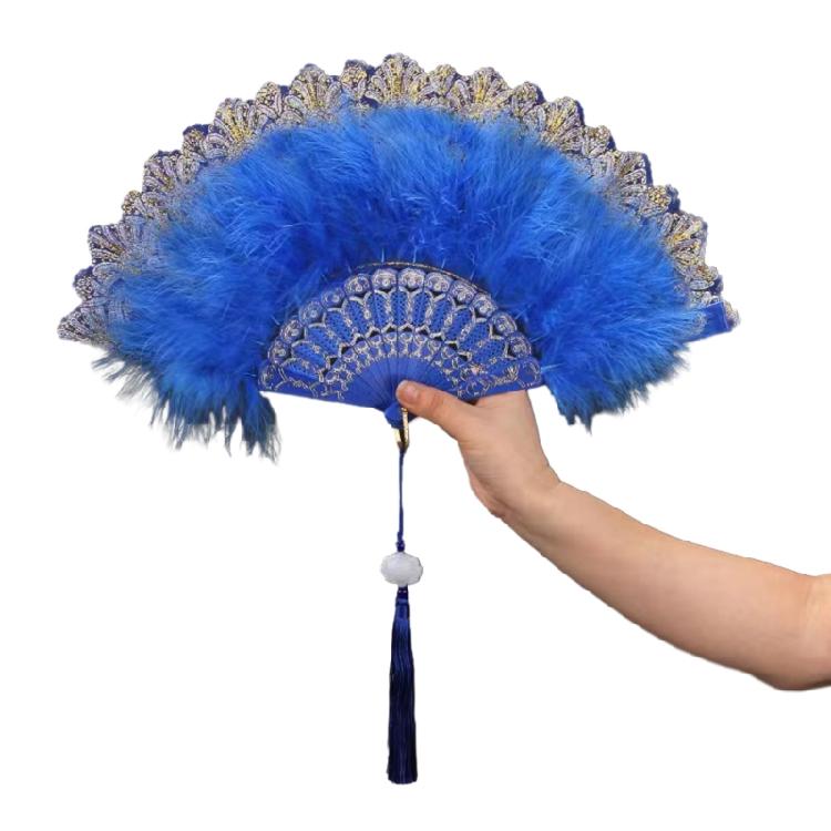 Chinese Feather Folding Fan with Pendant Wedding Dance Fan Cosplay Props Decor