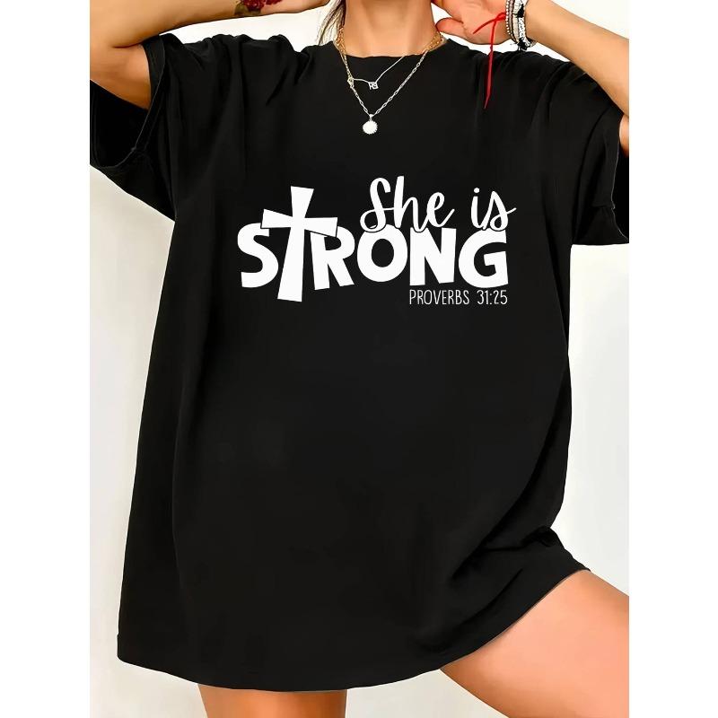 Plus Size - Plus Size - Faith T-Shirt for Plus Size Women - Short Sleeve Casual Round Neck Top Featuring Cross & Verse Letter S Design (She Is Strong)