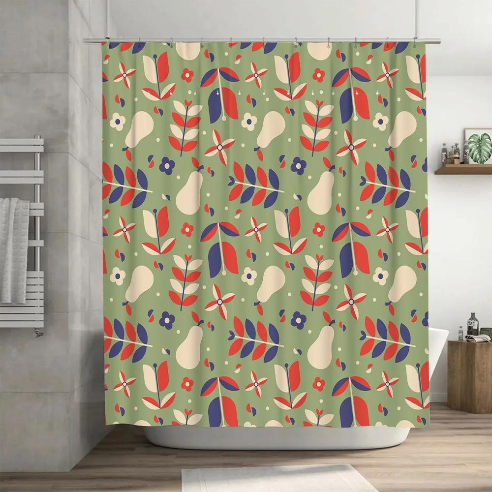 Vintage Pattern Bath Shower Curtain Decor Retro Flowers Leaves Print, Waterproof Fabric for Bathtub Home Decoration (Green)