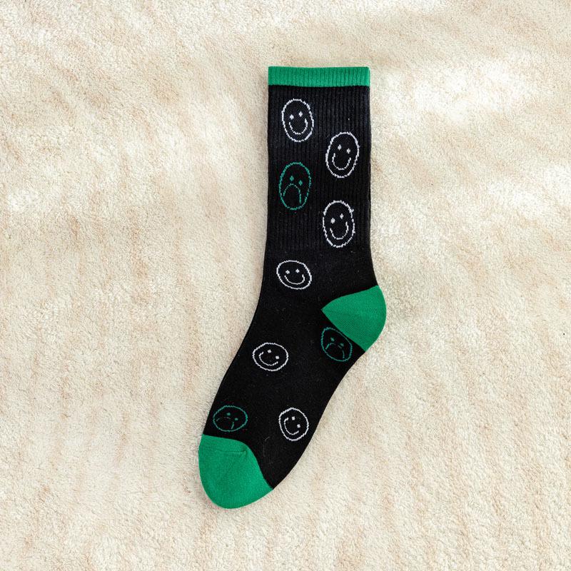 5/10 Pairs Green Checkered Black and White Pattern Mid Calf Socks Trendy Brand with Smiling Face Color Blocked Stripes Collegiate Style Cotton Socks