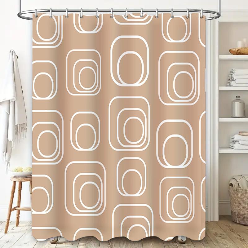 Modern Square Print Shower Curtain With White Rings For Bathroom Decor Beige Color (#2)