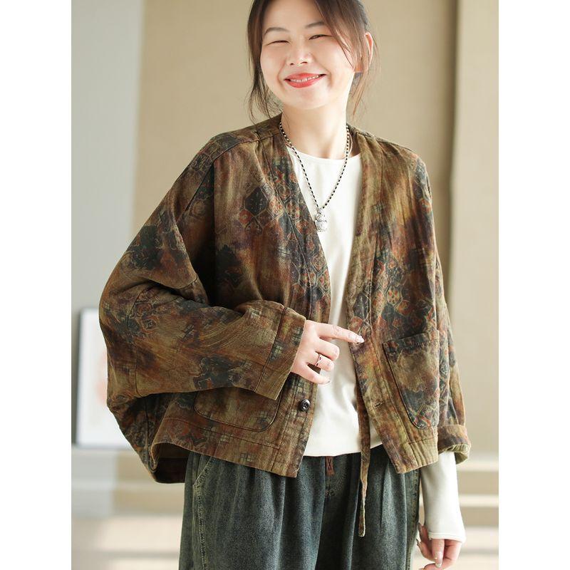 

Daile Original New Retro Fried Color Cotton Short coat Women Loose V-neck Batwing Sleeve Large Pocket Print Top Huang Brown One size