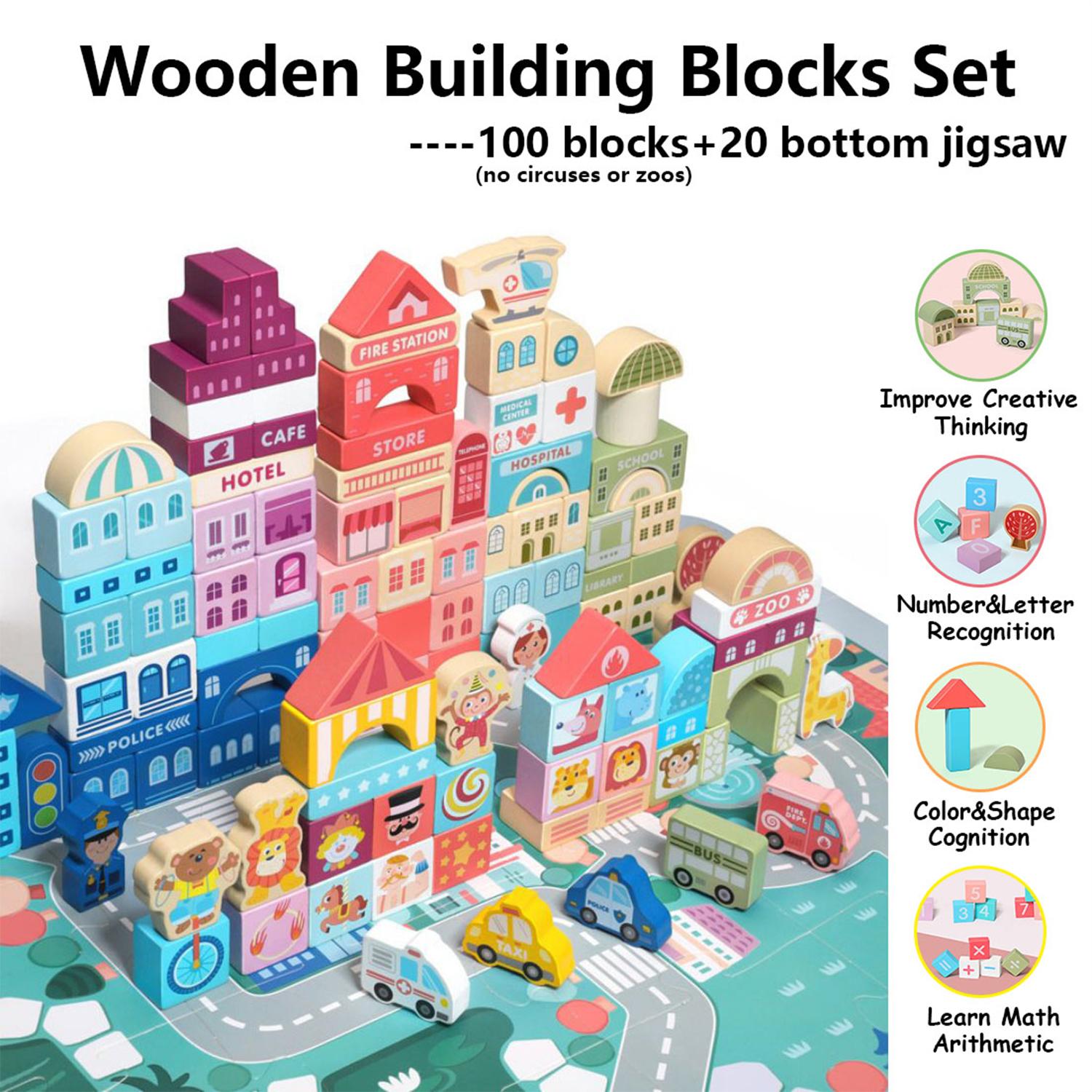 

100 PCS Wooden City Traffic Building Blocks Montessori Toys Children Education Building Blocks Geometric Assembly Puzzles