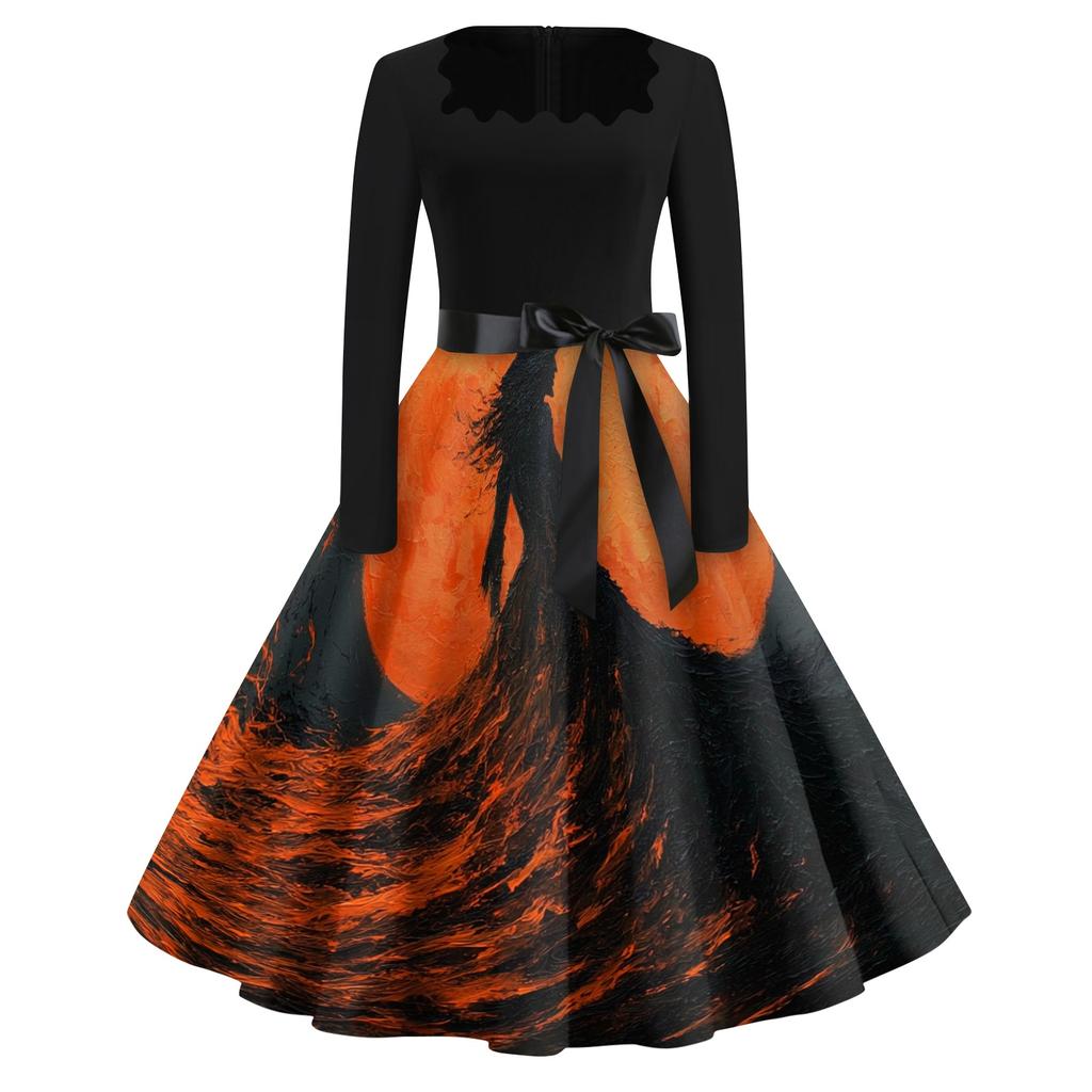 Women's Square Neck Retro Dress with Halloween Print for Casual Parties and Festive Occasions