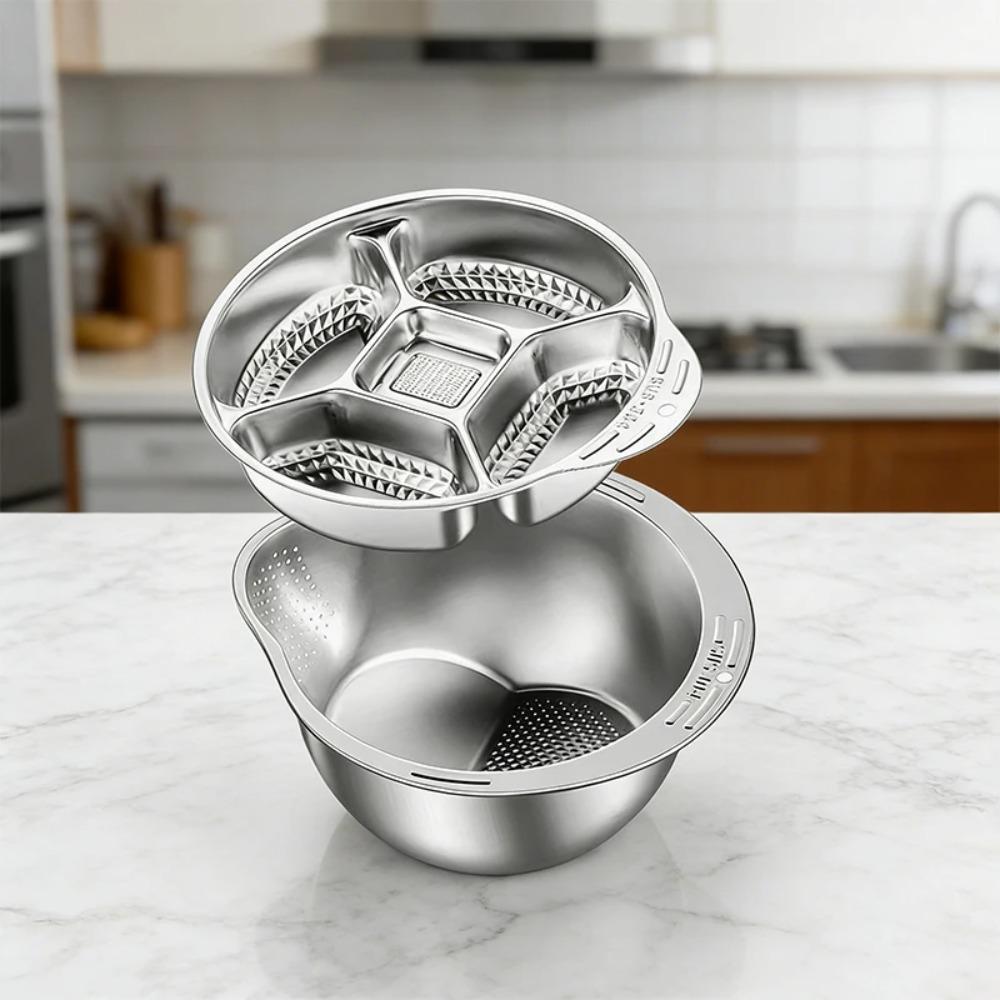 304 Stainless Steel Rice Washer Strainer with Divider Tray Rustproof Vegetable Washing Basin Corrosion-resistant