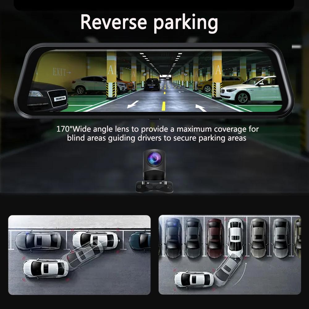 Câmera de painel com espelho WiFi 4K, espelho retrovisor dianteiro e traseiro WDR, câmera de carro com tela sensível ao toque IPS de 10", aplicativo, visão noturna, assistência de estacionamento