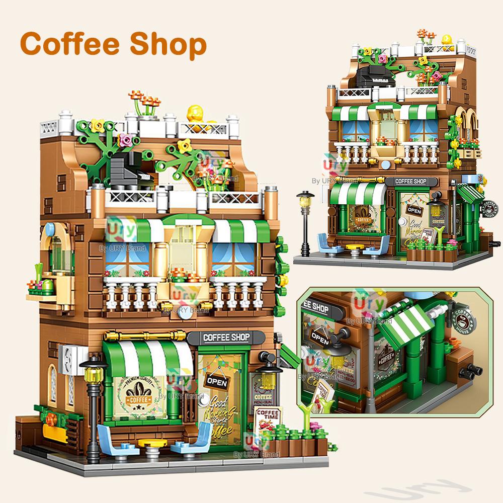 City Series Street View Modular Mall Supermarket Hotel Burger Coffee Shop Retro Flower House MOC Architecture Building Block Set for Kids Children
