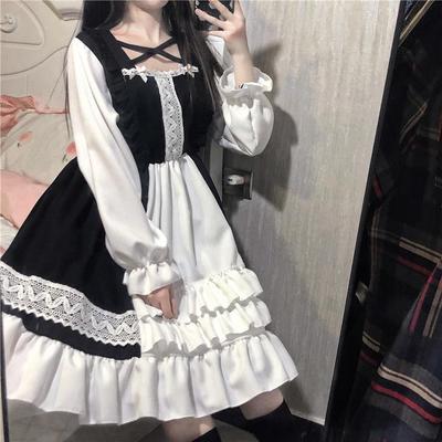 Alice In Wondeland Cute Women Lolita OP Dress Flouncing Lace Trim Japanese Harajuku Long Sleeves Doll Teen Dress Fairy Vestidos